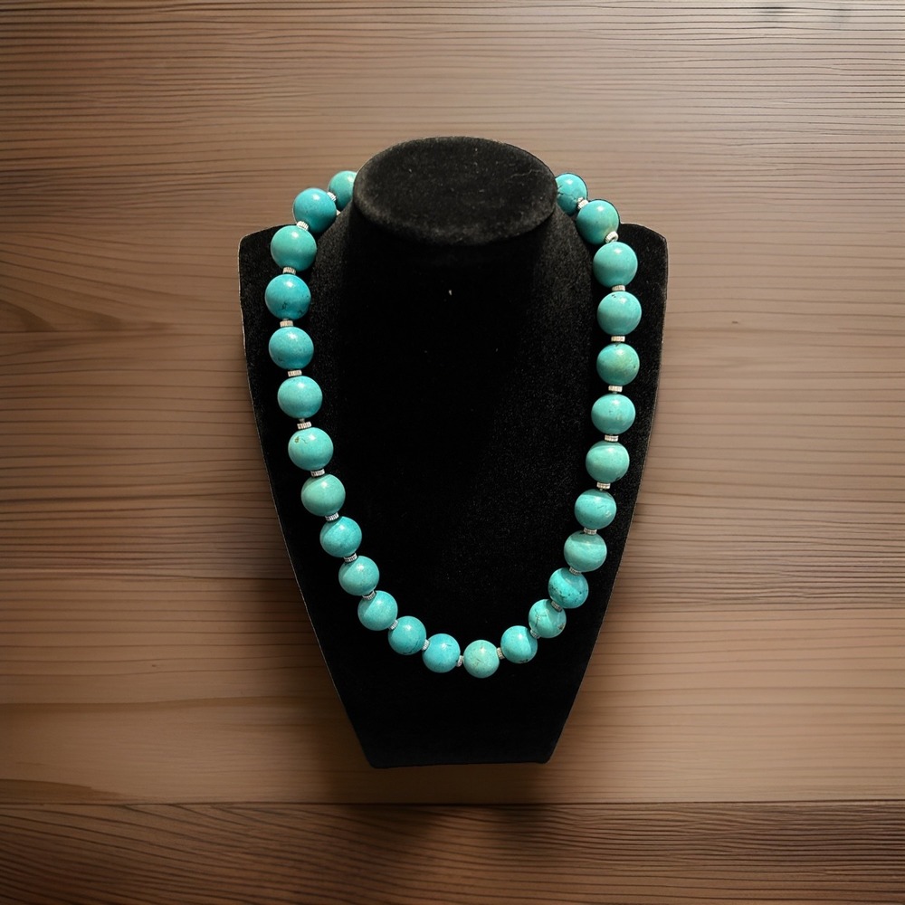 Turquoise Color Round Stone Bead Necklace 17.5" Chunky 113 Grams Statement Piece